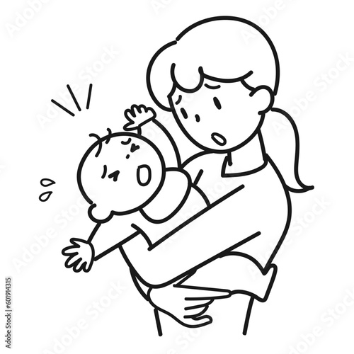 泣く赤ちゃんを抱いて困っている若い母親の上半身