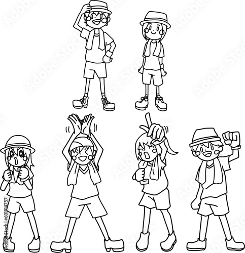 音楽フェスで盛り上がっている人物の線画セット