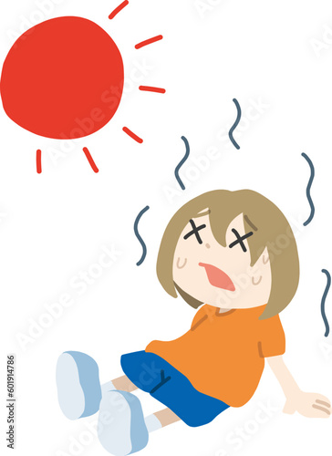 熱中症をイメージした汗をかいて座り込んでいる人物と太陽のイラスト