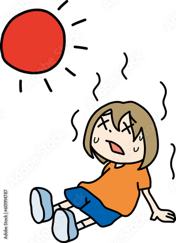 熱中症をイメージした汗をかいて座り込んでいる人物と太陽のイラスト