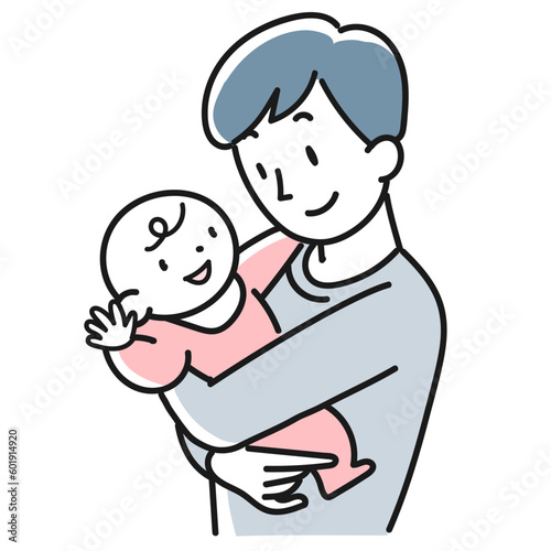 赤ちゃんを抱っこする笑顔の若い男性の上半身