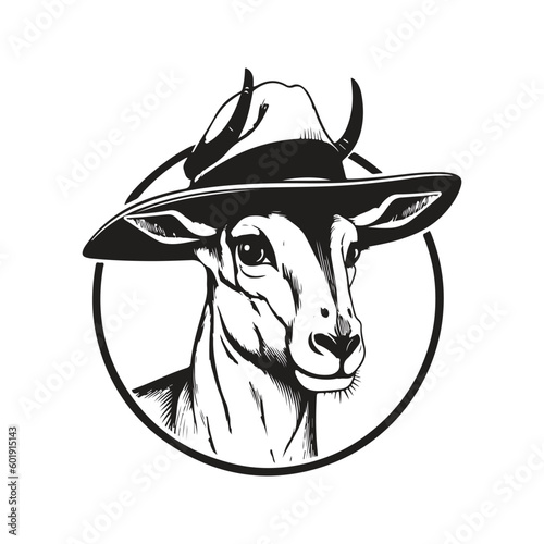 springbok wearing hat, vintage logo line art concept black and white color, hand drawn illustration