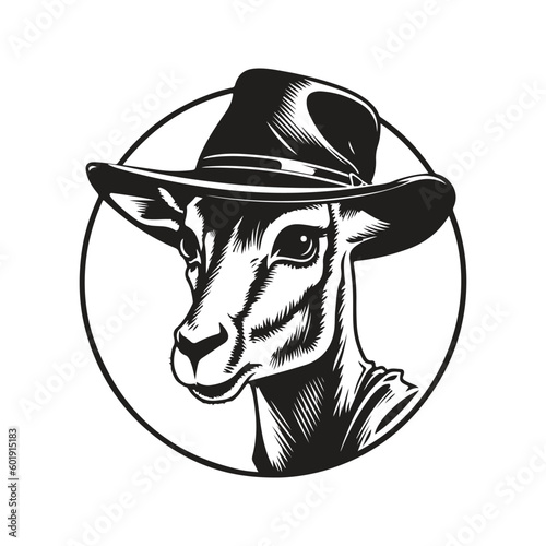springbok wearing hat, vintage logo line art concept black and white color, hand drawn illustration