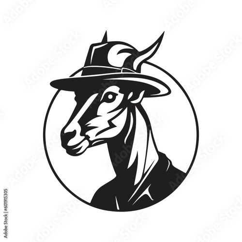 springbok wearing hat, vintage logo line art concept black and white color, hand drawn illustration