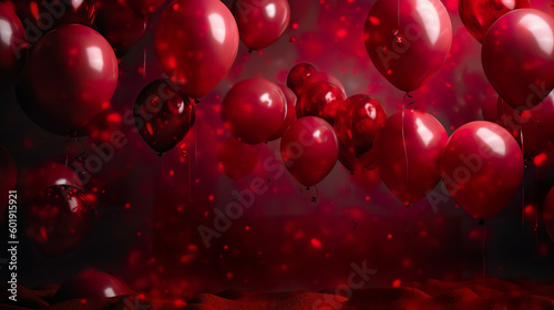 Red balloons on a red background with lights. Soft and shiny red balloons background party. Realistic 3D illustration. Generative AI