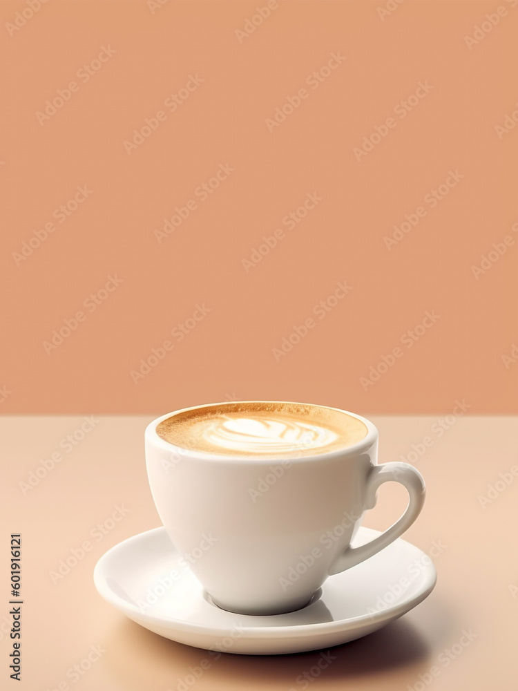 A cup of hot cappuccino with latte art on the table against beige background. Generative AI A cup of hot cappuccino with latte art on the table against beige background. Generative AI