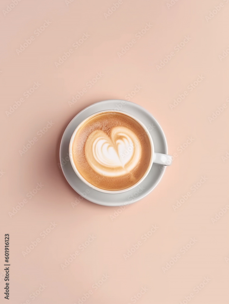 A cup of hot cappuccino with latte art on the table against beige background, view from above. Generative AI A cup of hot cappuccino with latte art on the table against beige background, view from above. Generative AI
