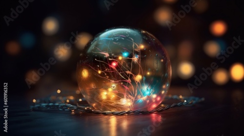 Christmas glass ball over dark background with glitter overlay. Bokeh background. Christmas and new year card. Generative ai