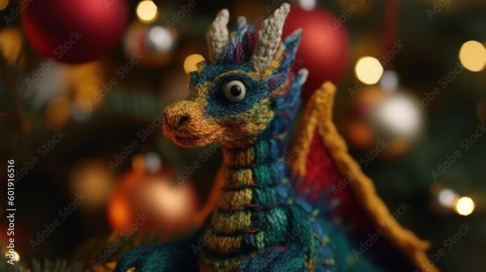 Obraz premium Little knitted dragon toy on a christmas tree. Closeup. Christmas and new year card. Bokeh background. Generative ai