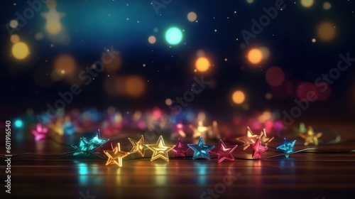 Christmas stars garland lights over dark background with glitter overlay. Bokeh background. Christmas and new year card. Generative ai