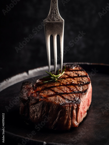 Close up of medium rare beef steak on fork is served in plate on the table against dark background, food photography concept. Generative AI