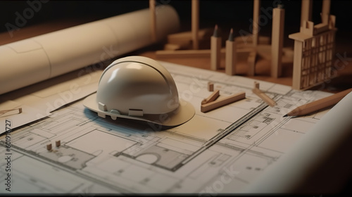 Project construction blueprints and engineering tools on wooden desk. Engineering workplace. Set of architect tools. Realistic 3D illustration. Generative AI