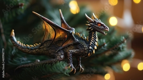 Little wooden dragon toy on a christmas tree. Closeup. Christmas and new year card. Generative ai © Марина Андрейченко