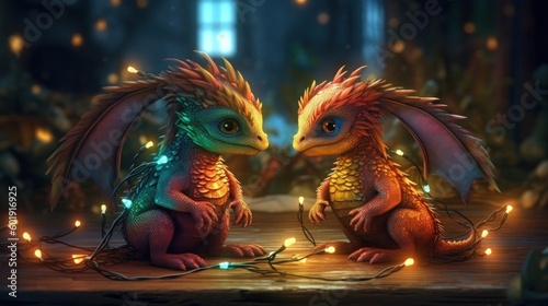 Two little cute dragons surrounded by Christmas lights. Christmas and new year holliday card. Generative ai