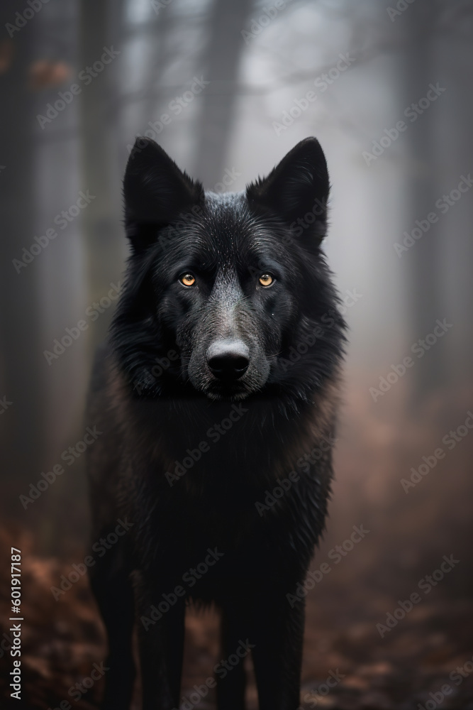 Beautiful black wolf in forest during foggy morning. A foreststrolling wolf. Portrait of wolf in forest. Realistic 3D illustration. Generative AI