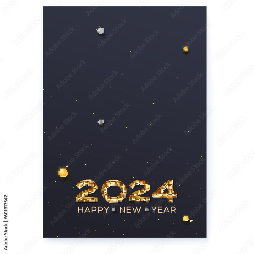 Happy New Year 2024. Glittering numbers decorated pearls and shimmering dust. Happy New Year 2024. Glittering numbers decorated pearls and shimmering dust.