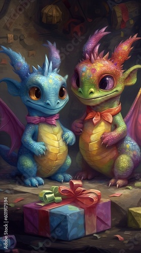 Two little cute dragons gives gifts to reach other. Christmas and new year holliday card. Generative ai