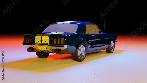 3D rendered old blue vintage car studio photoshoot. an old vintage vehicle with a night view. Car standing under the blue  red and yellow light  surrounded by a night. car night photography 