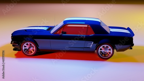 3D rendered old blue vintage car studio photoshoot. an old vintage vehicle with a night view. Car standing under the blue  red and yellow light  surrounded by a night. car night photography 