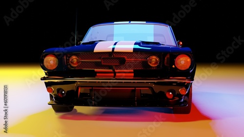 3D rendered old blue vintage car studio photoshoot. an old vintage vehicle with a night view. Car standing under the blue, red and yellow light, surrounded by a night. car night photography 