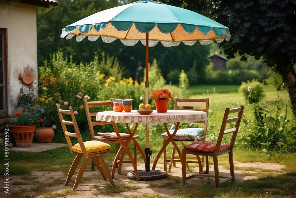 Summer Fun Outdoors, Table, Chairs and Umbrella in Garden Picnic, generative Ai
