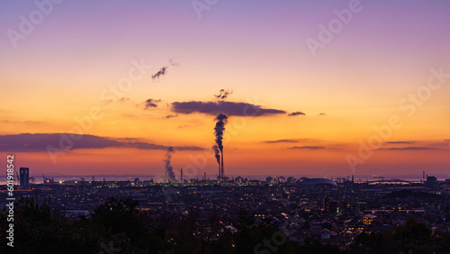 petrochemical complex at Yokkaichi Port and Yokkaichi city in the morning.