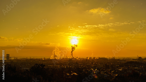 petrochemical complex at Yokkaichi Port and Yokkaichi city in the morning.