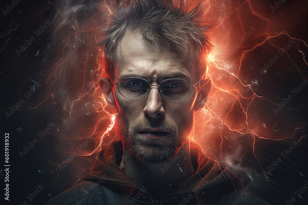 portrait of a man surrounded orange lightnings, psychic waves concept illustration, generative ai portrait of a man surrounded orange lightnings, psychic waves concept illustration, generative ai