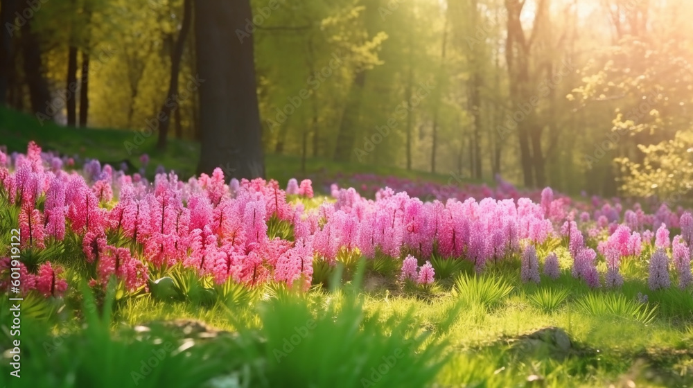 Fototapeta premium Beautiful landscape view with green grass and pink flowers in spring forest. Generative AI
