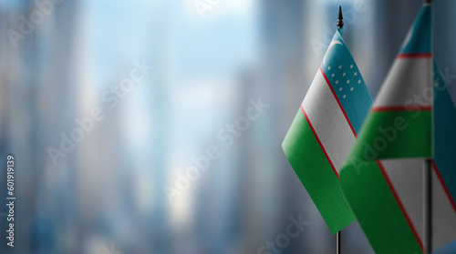Small flags of the Uzbekistan on an abstract blurry background