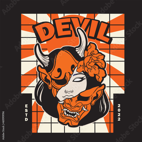 Oni Japanese girl devil mask  Vector illustration 
