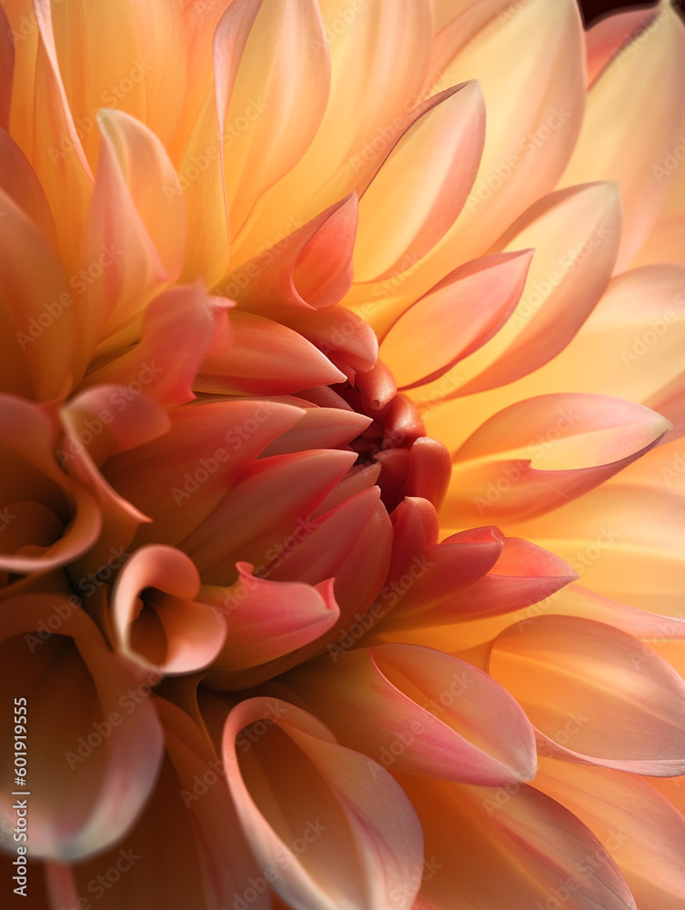 Extreme close-up of a beautiful blooming peach color of dahlia flower, macro photography flowers. Generative AI Extreme close-up of a beautiful blooming peach color of dahlia flower, macro photography flowers. Generative AI
