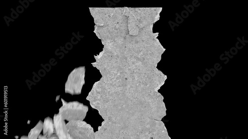Concrete wall destructions fracture falling down.4k animation render with alpha channel.