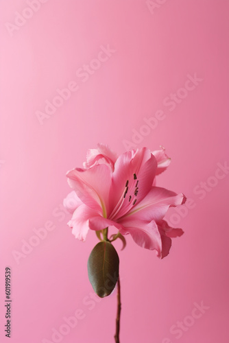 Empty clean pastel pink background with pink azelia flowers. Generative AI