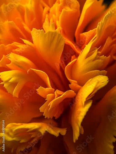 Extreme close-up of a beautiful blooming marigold flower, macro photography flowers. Generative AI