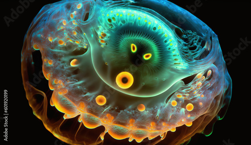 Translucent bioluminescent marine creature with yellow eyes. Marine biology. Alien life. Digital illustration.