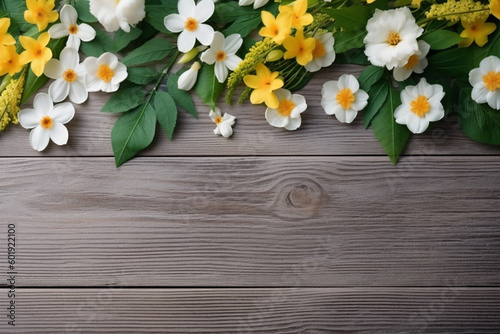 Spring Background Flowers On Side Wooden Table. Generative AI. © akbar