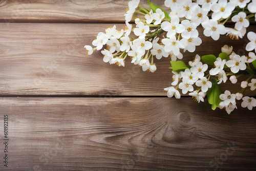 Spring Background Flowers On Side Wooden Table. Generative AI.