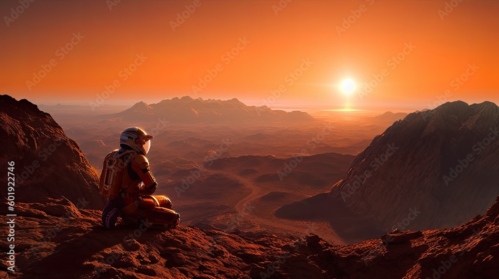 Astronaut watching the sunset on mars, created using generative AI tools