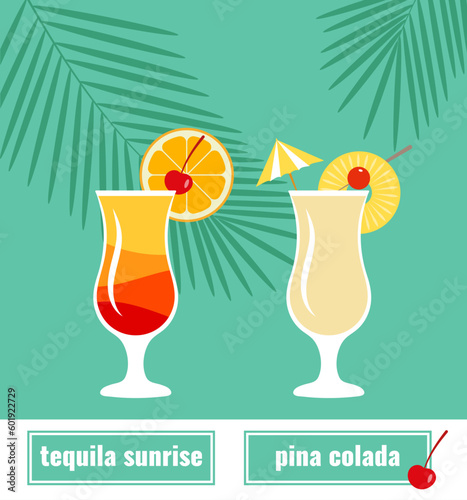 Vector illustration of sunrise and pina colada cocktails on palm leaves background.