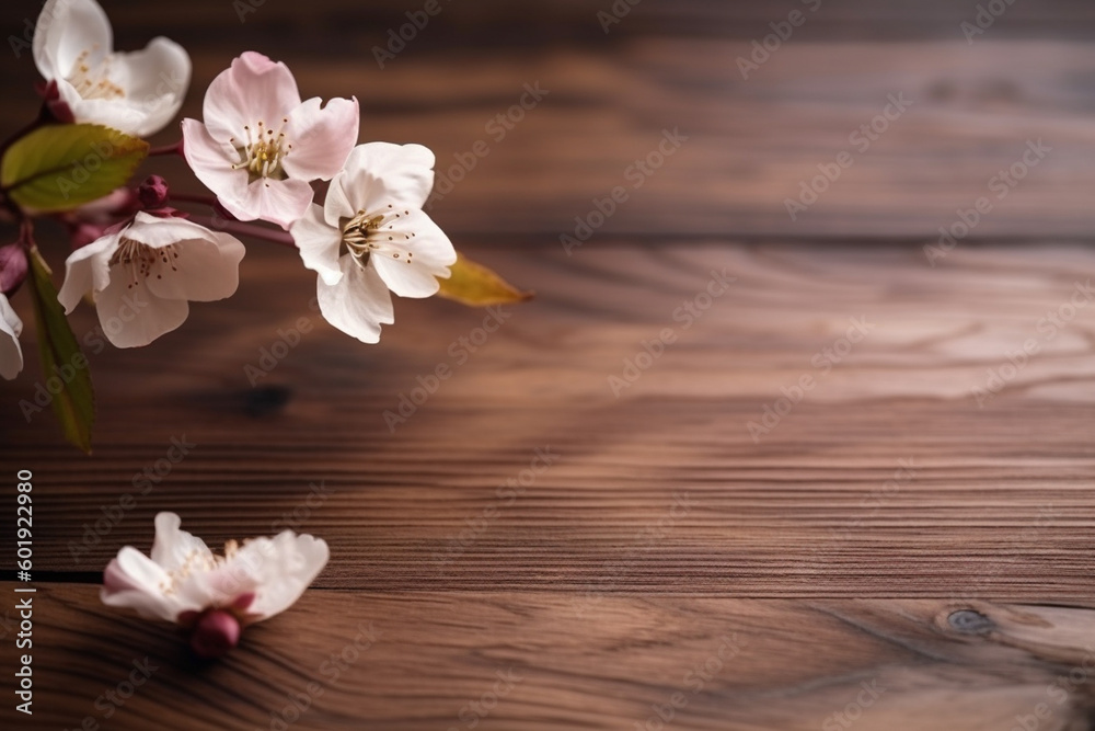 Spring Background Little Sakura Flowers On Side Wooden Table. Generative AI. Spring Background Little Sakura Flowers On Side Wooden Table. Generative AI.
