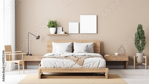 bedroom mockup with natural wood furniture and a beige color scheme