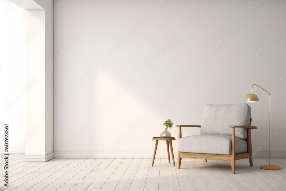 The interior has a armchair on empty blank white wall background, good for photo, art frame template on the wall The interior has a armchair on empty blank white wall background, good for photo, art frame template on the wall