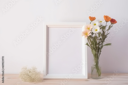 Frame mockup with flowers. Portrait or poster frame mockup. Empty white frame mockup for presentation artwork.
