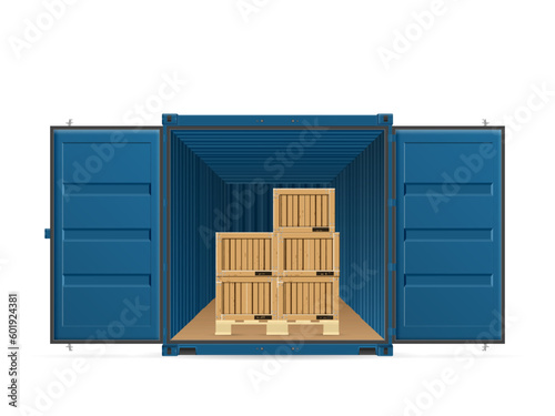 Open shipping cargo container with wooden boxes