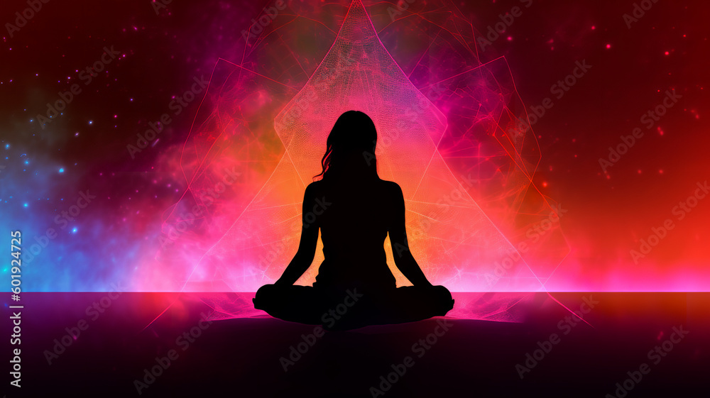 Silhouette of girl in Lotus yoga position on the abstract positive energy background