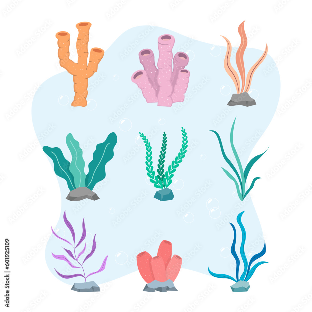 Set of hand drawn flat coral reefs collection Set of hand drawn flat coral reefs collection
