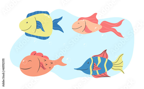 Set of four cute exotic fish collection