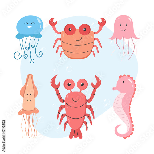 Set of flat six sea animals illustration
