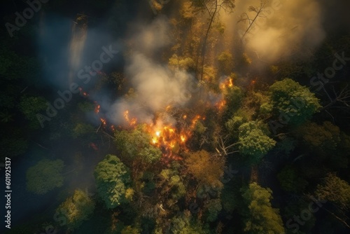 Top view of raging forest fire. Rapidly spreading wildfire. Generative AI